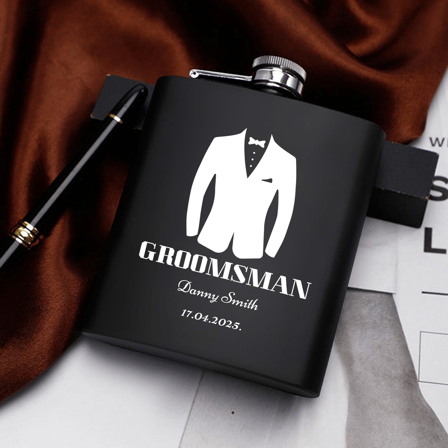 Personalized Groomsman Hip Flask Set – 7oz Black Stainless Steel with Gift Box & Custom Engraving by popcustoms