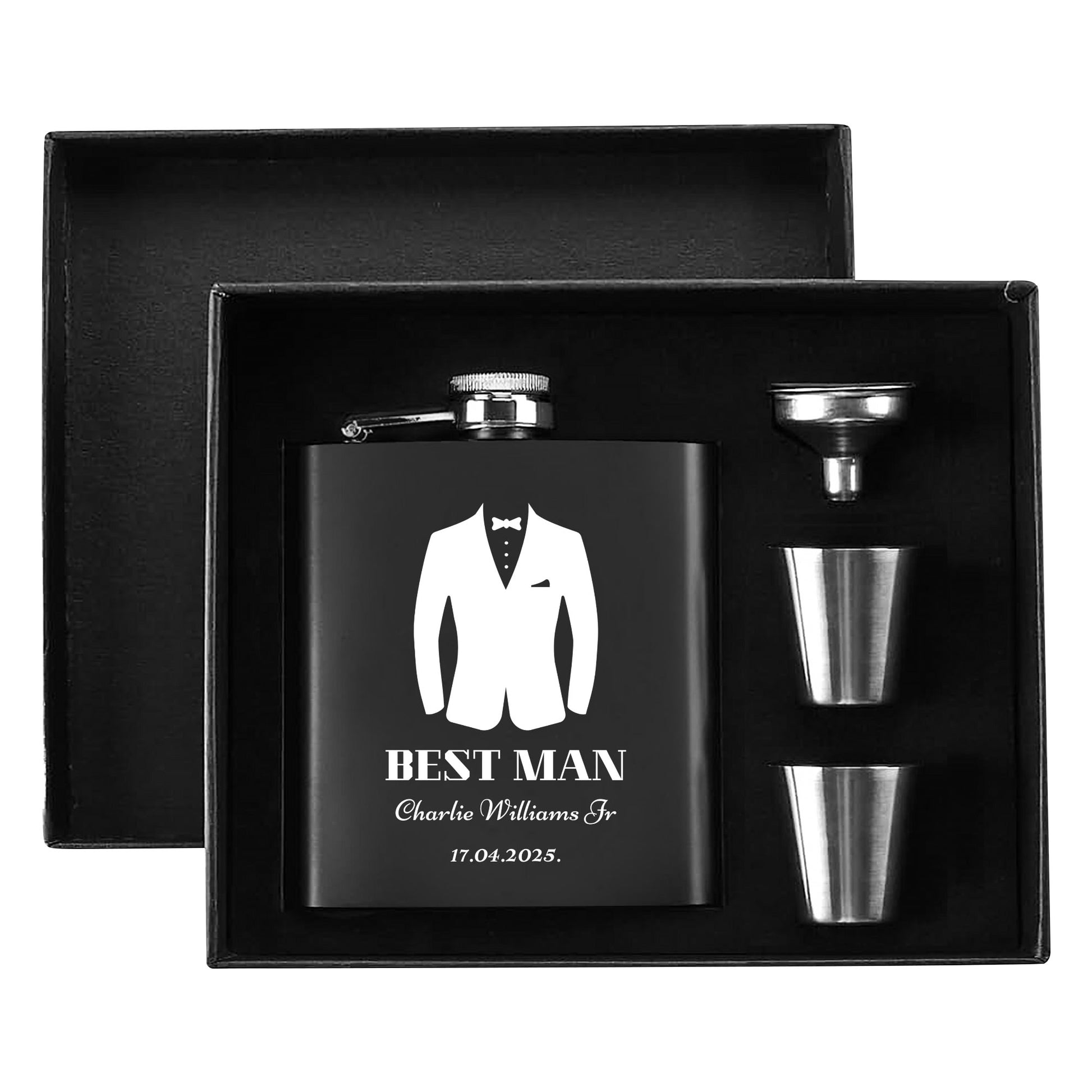 Personalized Best Man Hip Flask Set – 7oz Black Stainless Steel with Gift Box & Custom Engraving by popcustoms