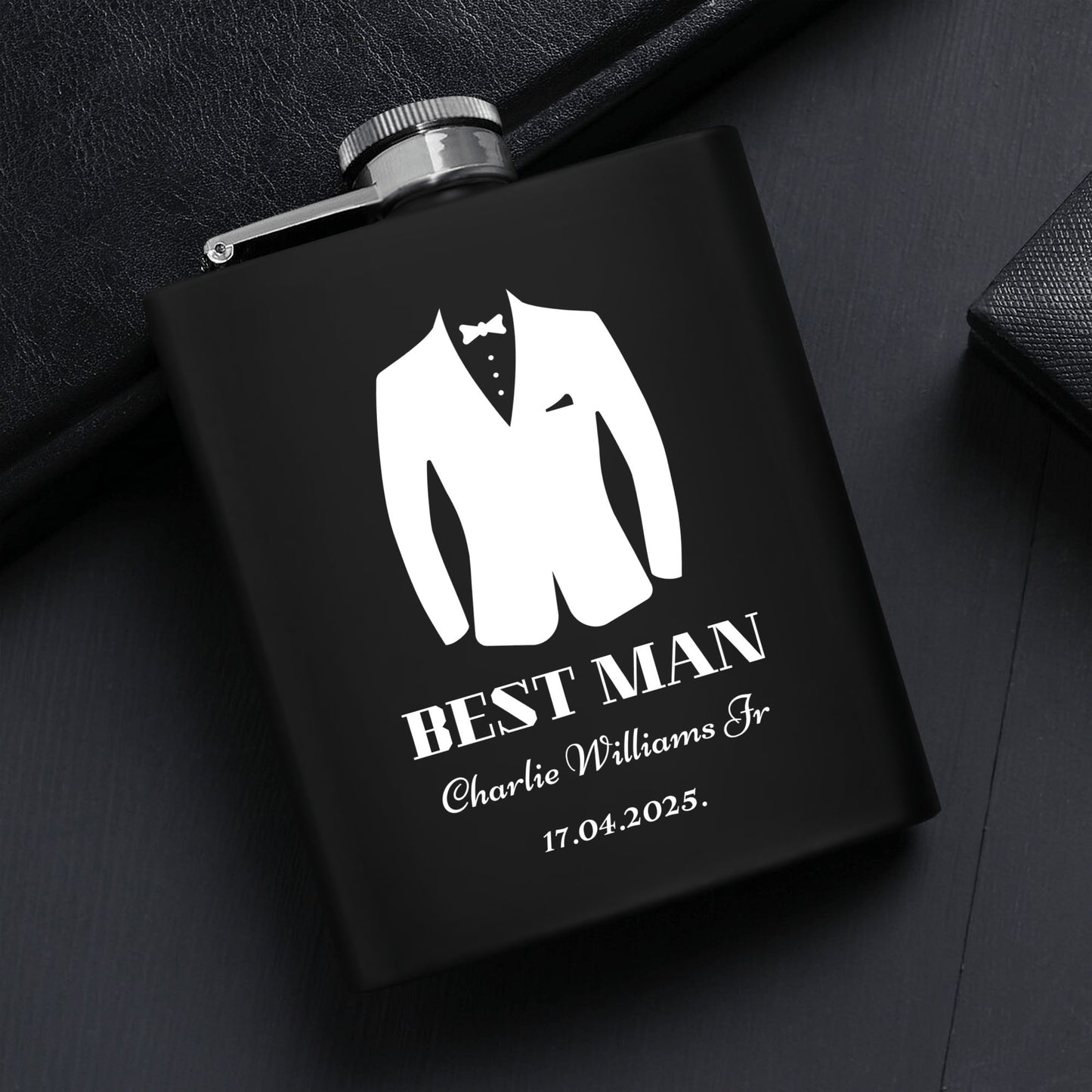 Personalized Best Man Hip Flask Set – 7oz Black Stainless Steel with Gift Box & Custom Engraving by popcustoms