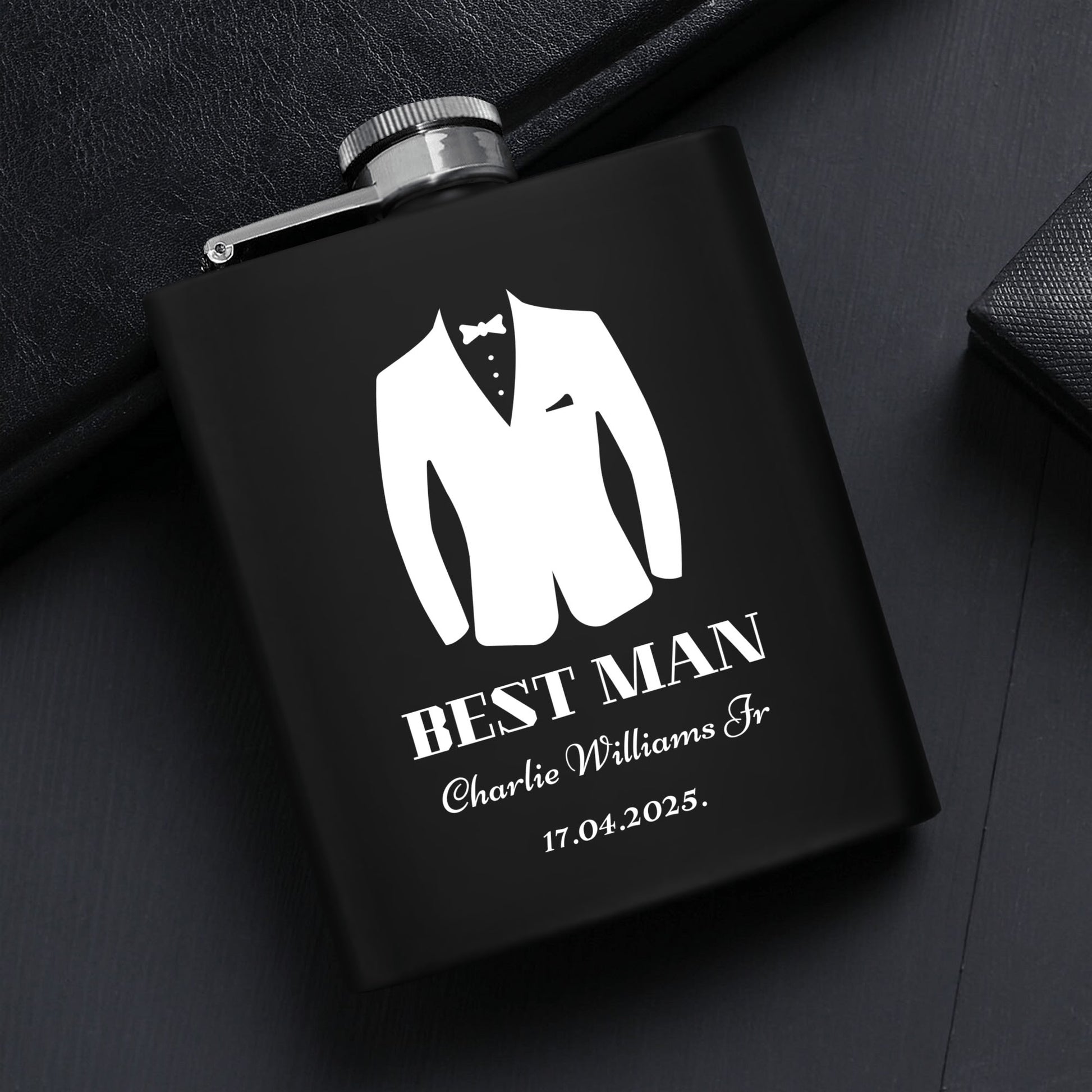 Personalized Best Man Hip Flask Set – 7oz Black Stainless Steel with Gift Box & Custom Engraving by popcustoms