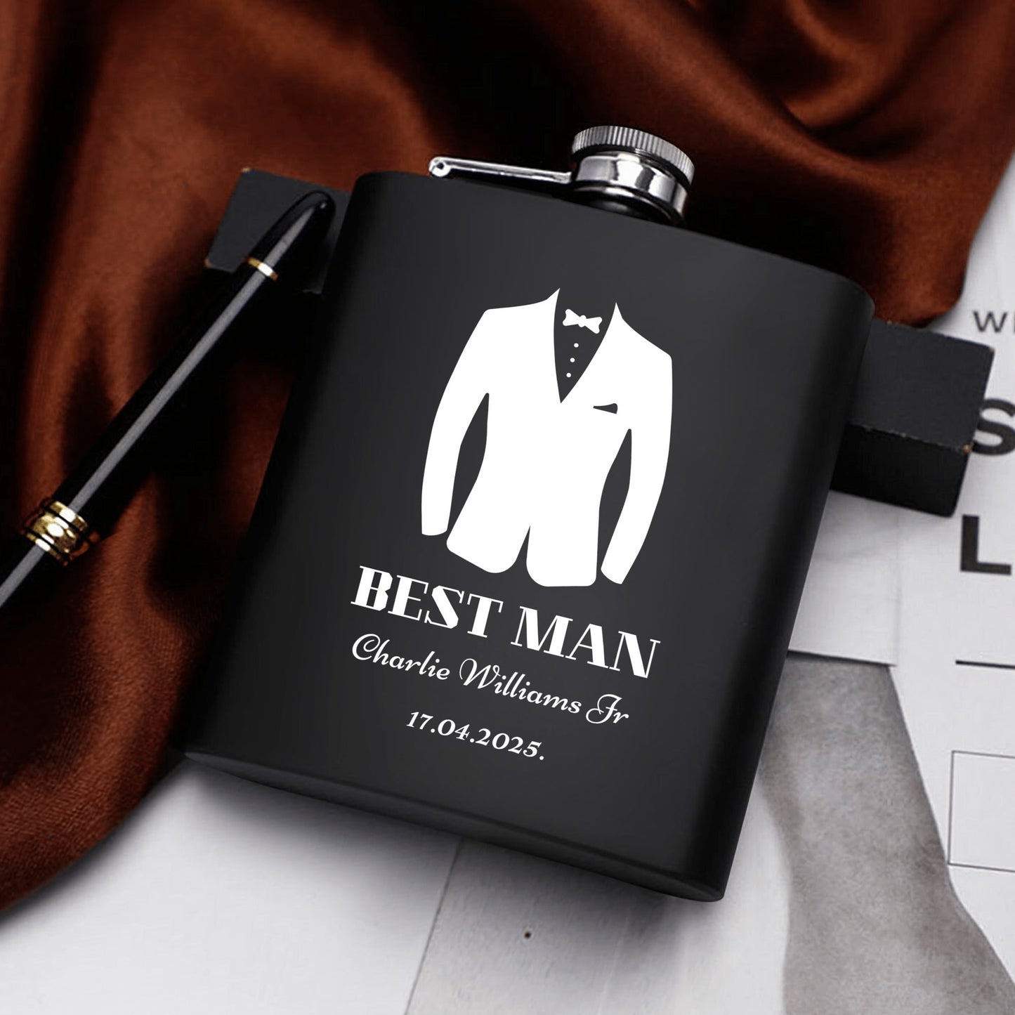 Personalized Best Man Hip Flask Set – 7oz Black Stainless Steel with Gift Box & Custom Engraving by popcustoms