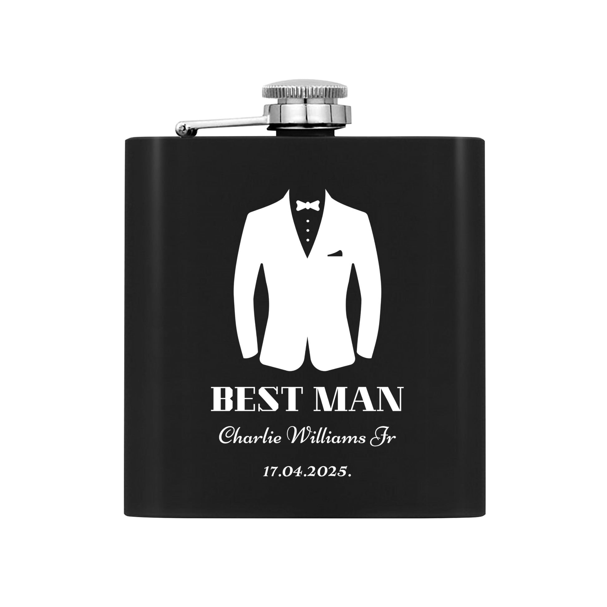 Personalized Best Man Hip Flask Set – 7oz Black Stainless Steel with Gift Box & Custom Engraving by popcustoms