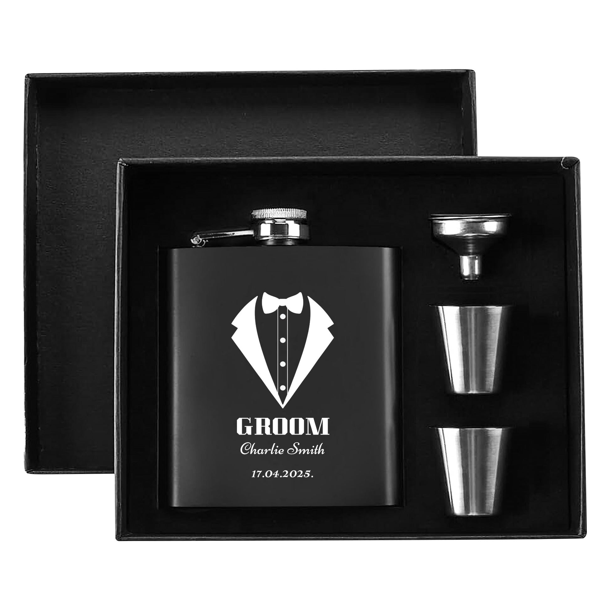 Personalized Black Stainless Steel Hip Flask Set – 7oz Groom Gift with Custom Engraving & Gift Box by popcustoms