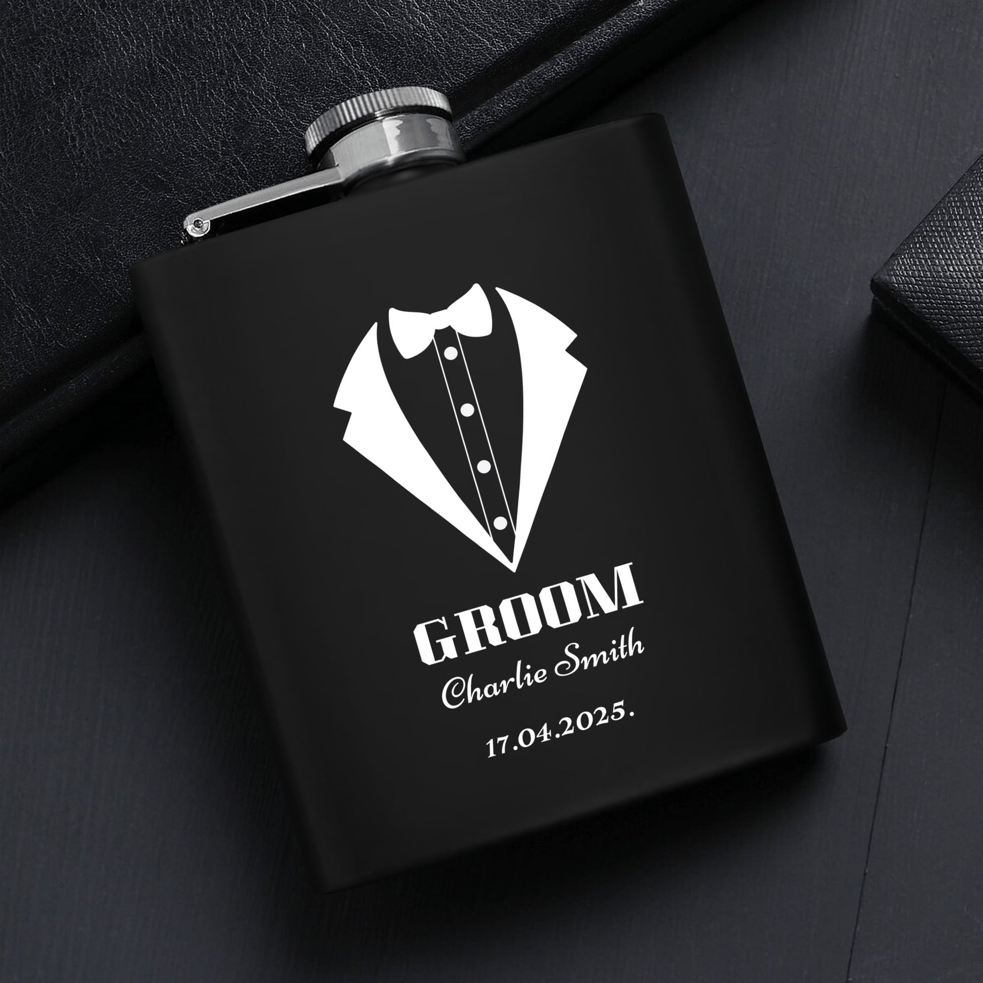 Personalized Black Stainless Steel Hip Flask Set – 7oz Groom Gift with Custom Engraving & Gift Box by popcustoms