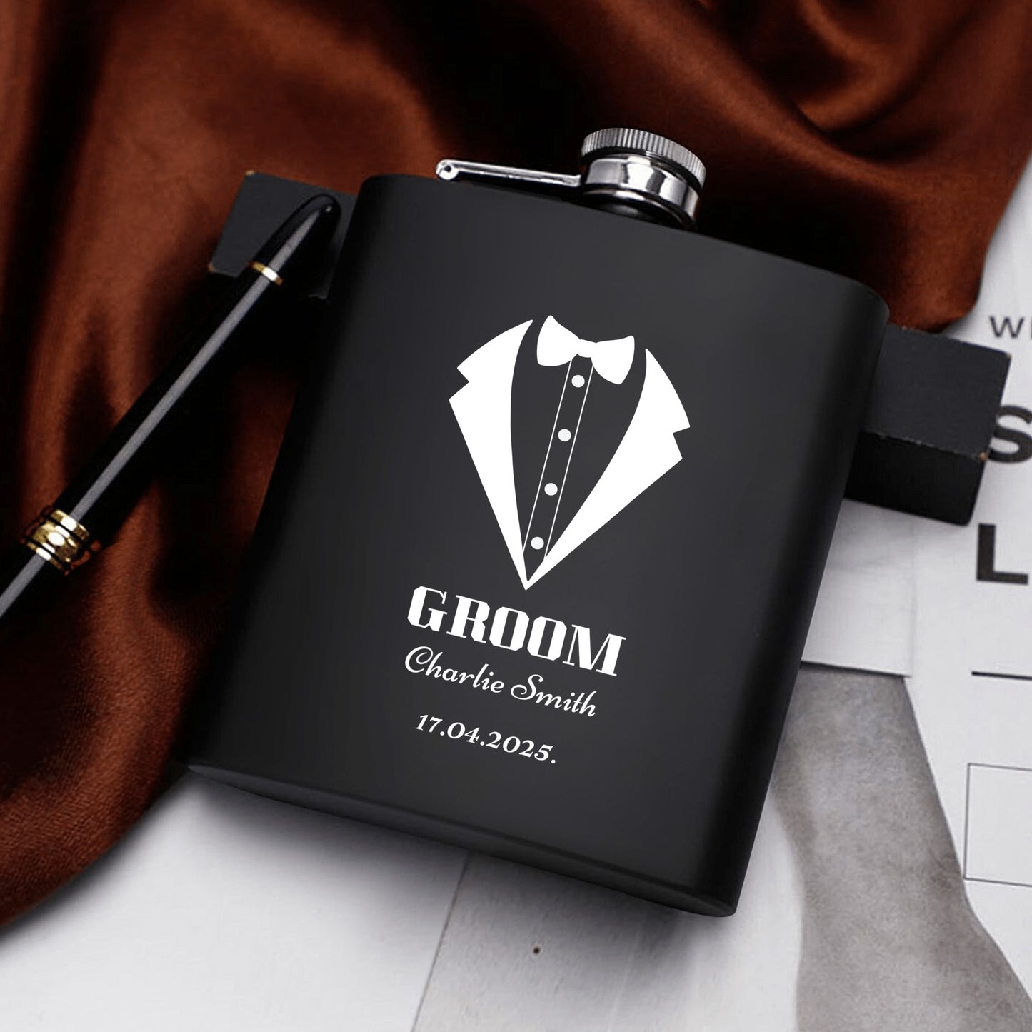 Personalized Black Stainless Steel Hip Flask Set – 7oz Groom Gift with Custom Engraving & Gift Box by popcustoms