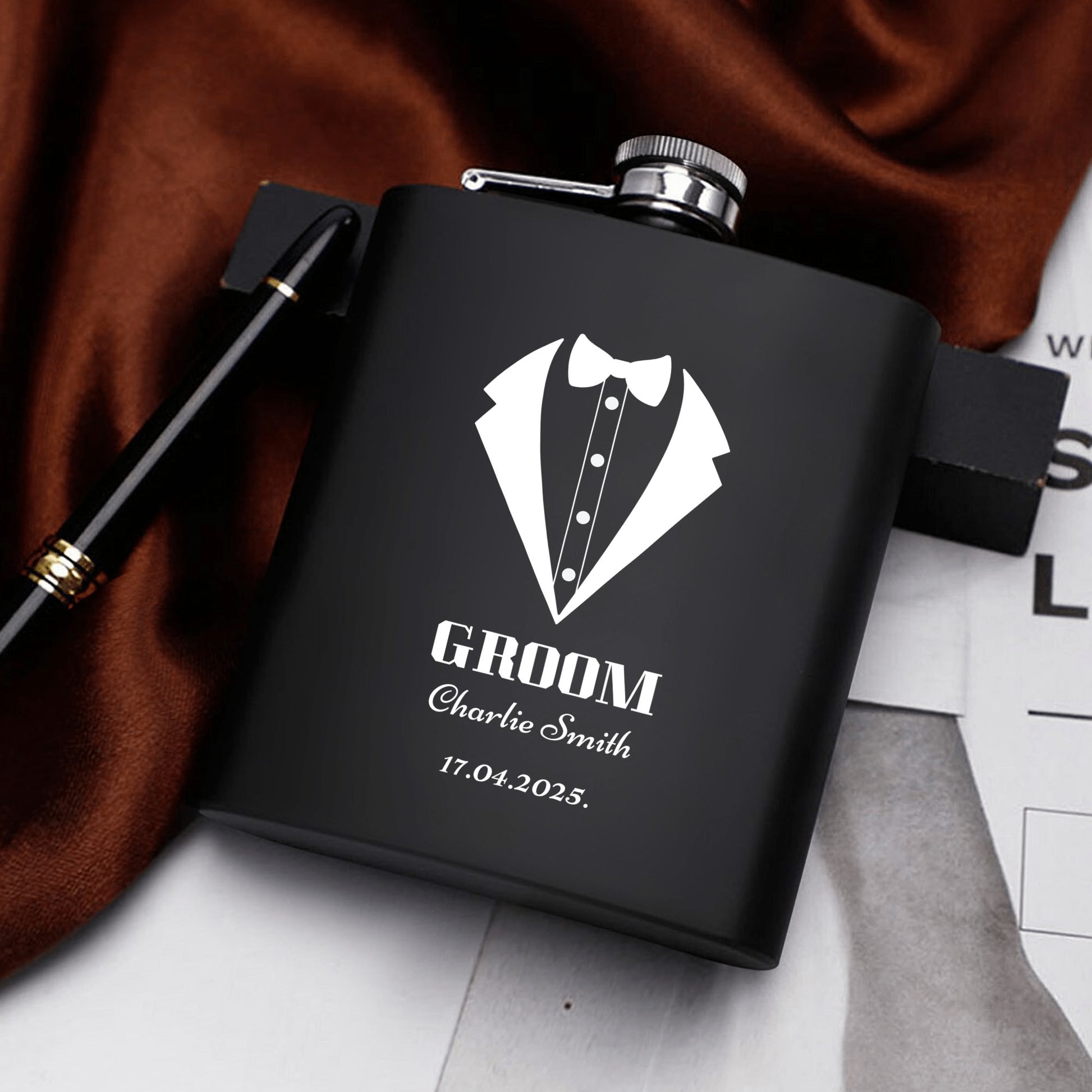 Personalized Black Stainless Steel Hip Flask Set – 7oz Groom Gift with Custom Engraving & Gift Box by popcustoms