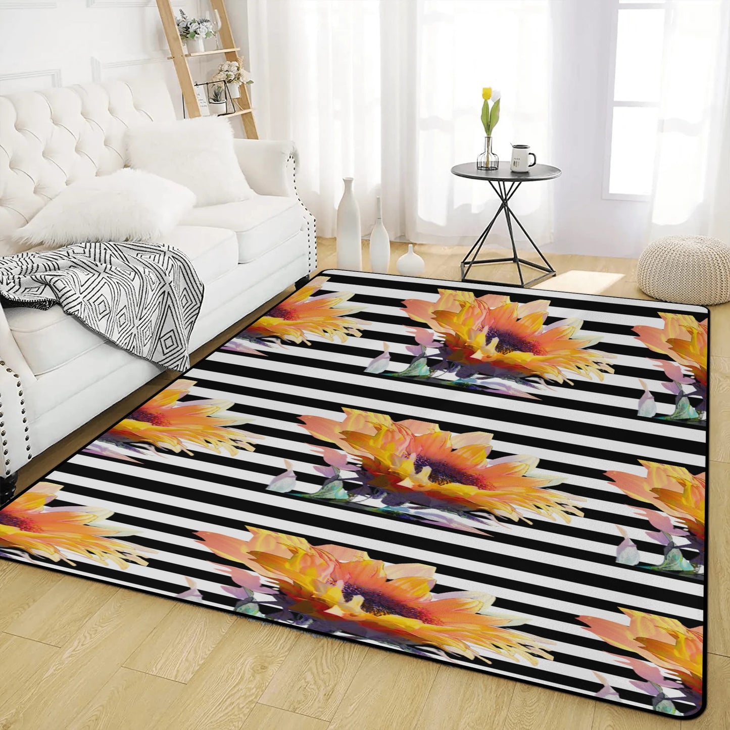 Rug with fish pattern on a striped background in a living room setting