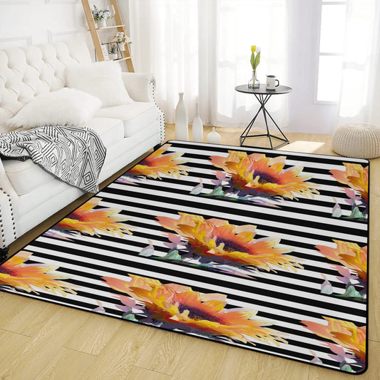 Rug with fish pattern on a striped background in a living room setting