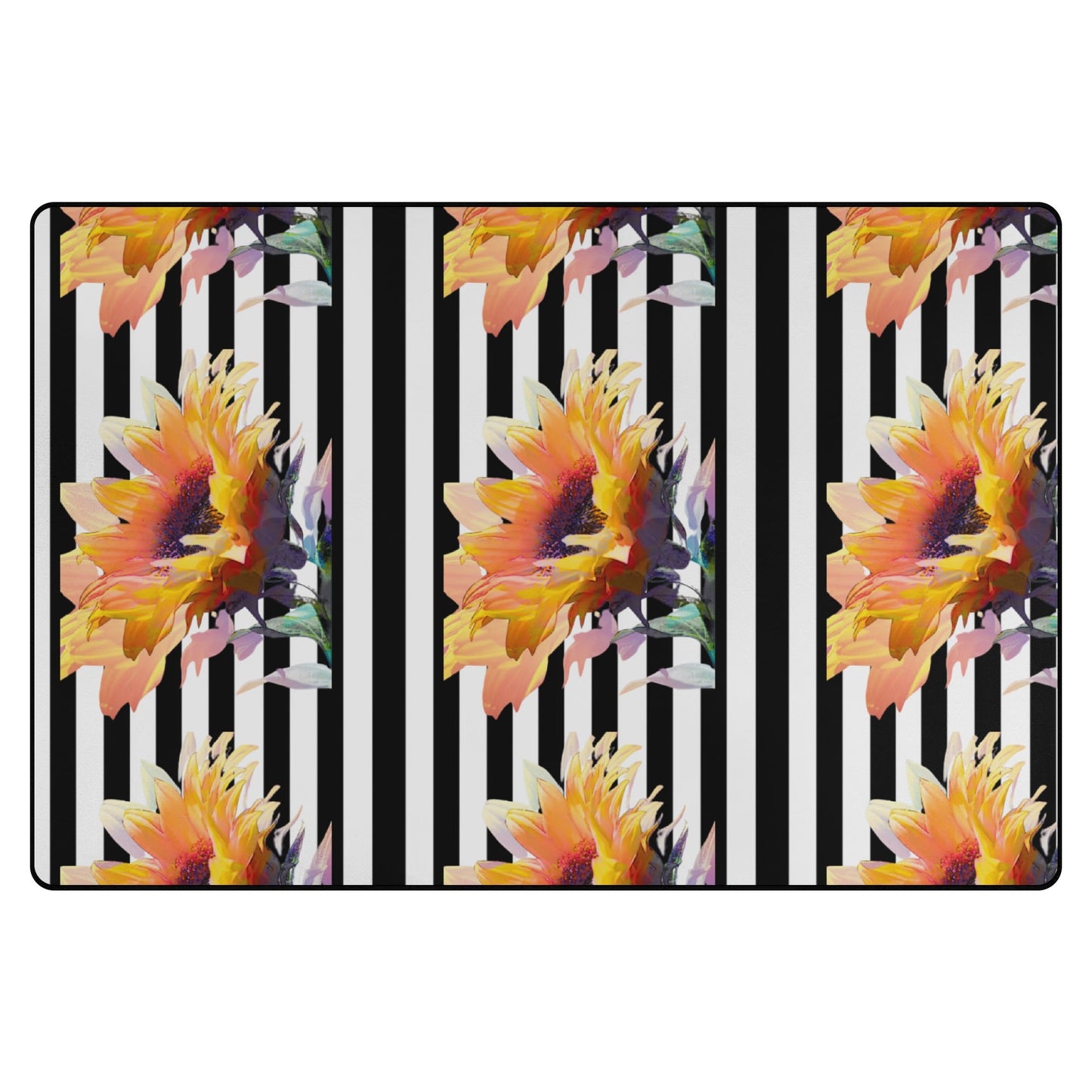 Floral design with sunflowers on a black and white striped background