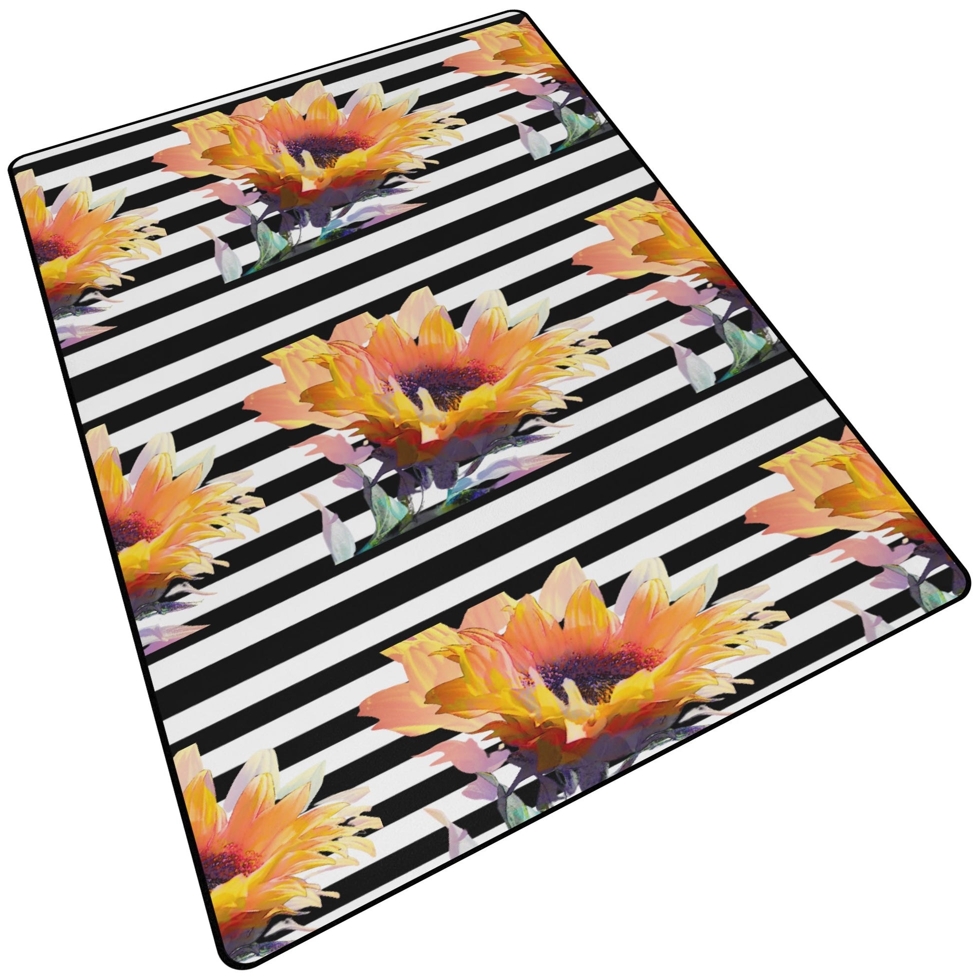 Floral design on a black and white striped background