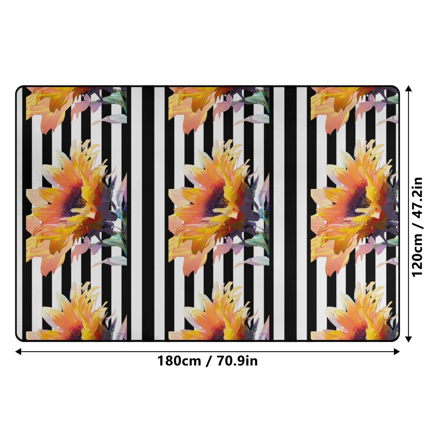 Floral design with sunflowers on a black and white striped background, with dimensions indicated.