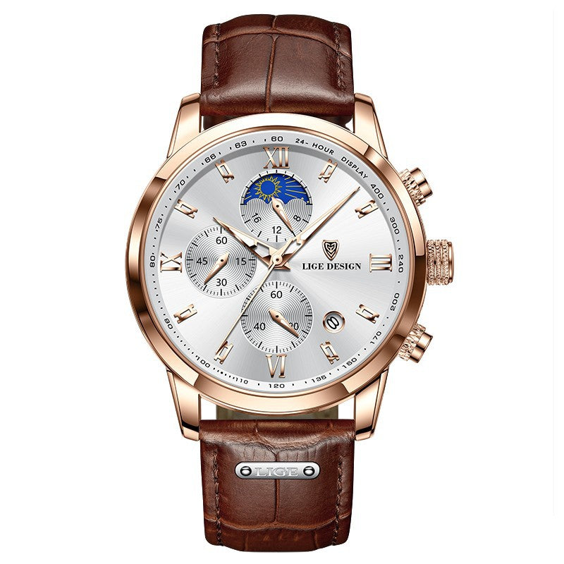 Lige Men's Quartz Watch Multifunction Chronograph Moon Phase Quartz Movement Waterproof Watch eprolo