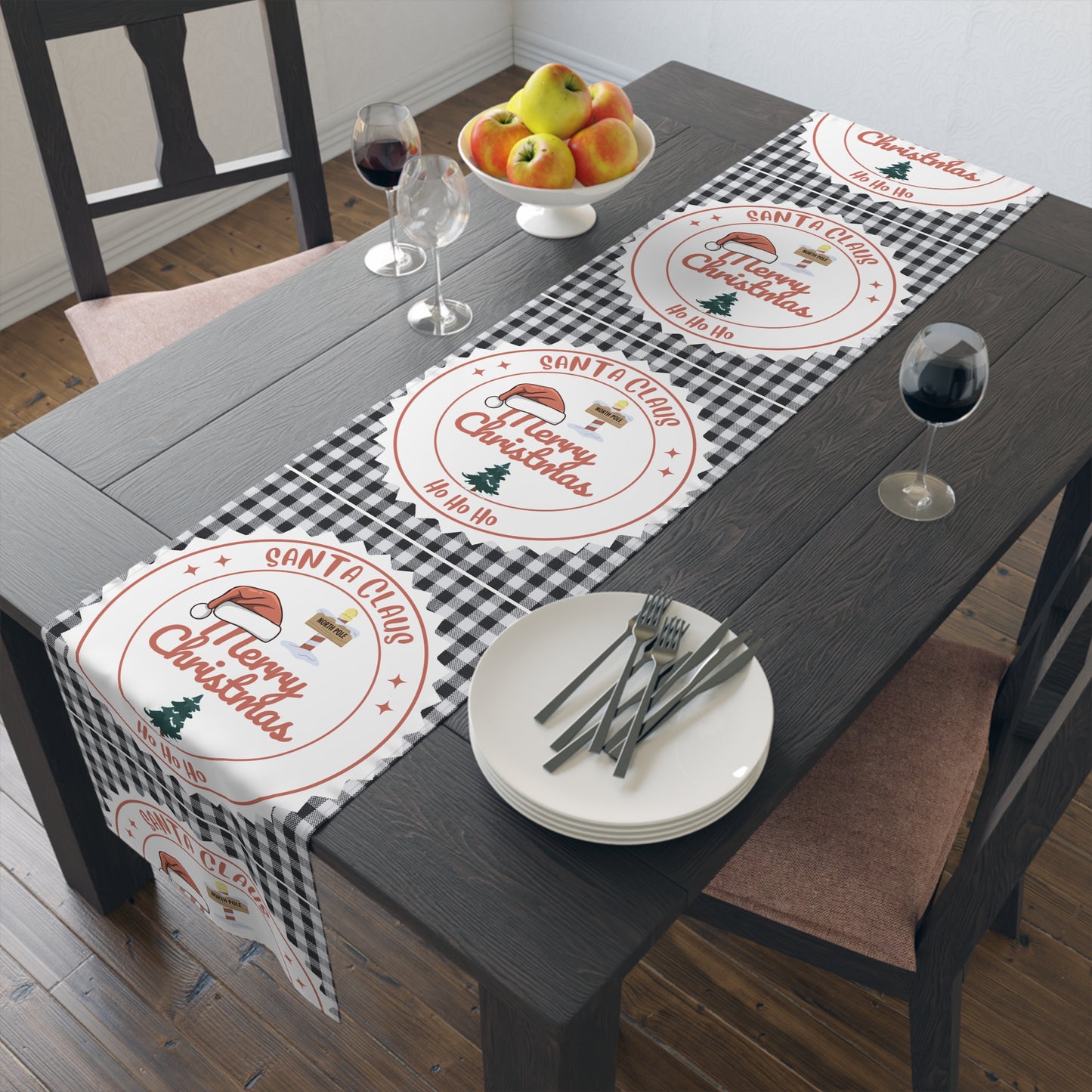 Christmas Table Runner, Festive Holiday Decor, Cotton Poly Blend, Red and White Christmas Decoration, Dining Table Linens, Xmas Kitchen by Printify