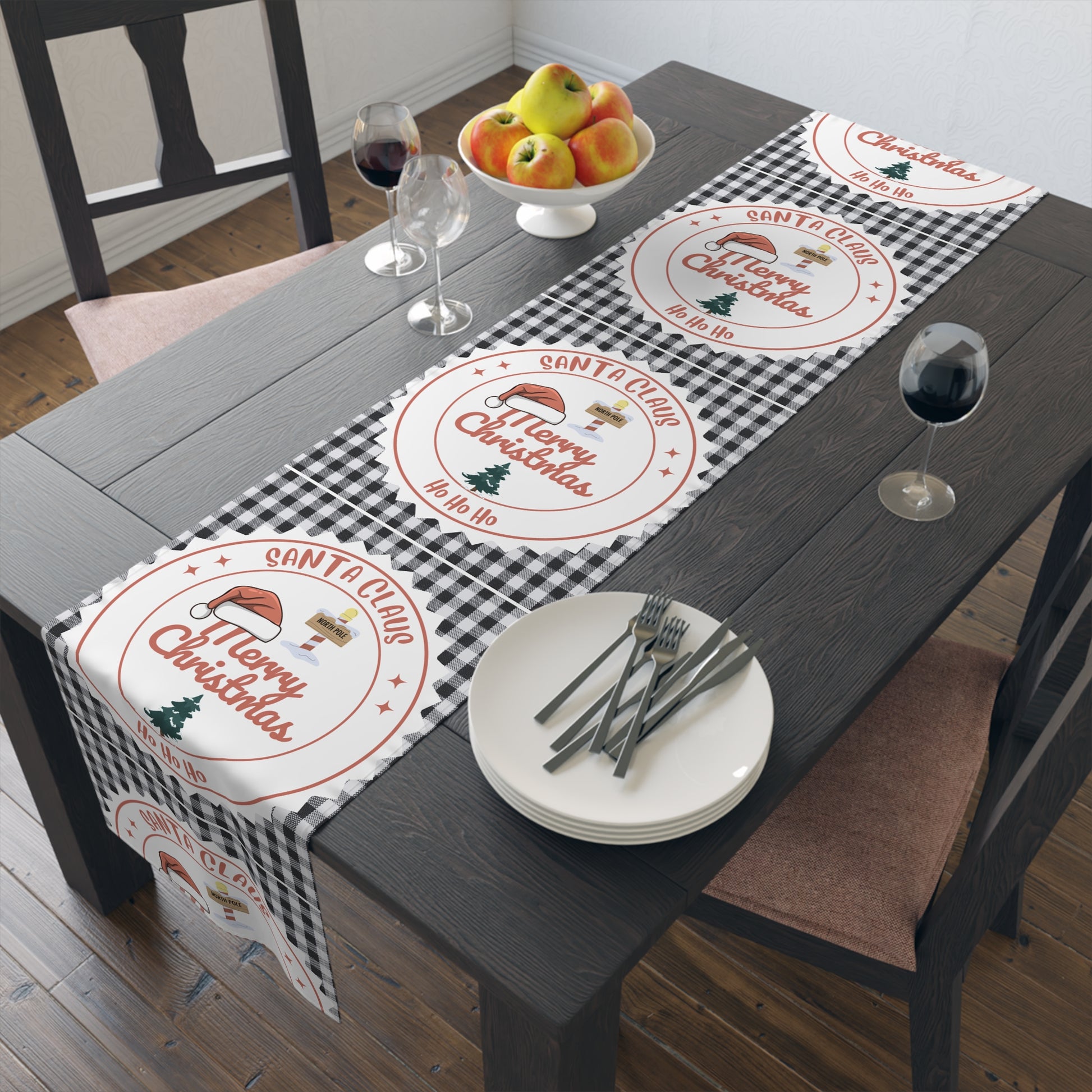 Christmas Table Runner, Festive Holiday Decor, Cotton Poly Blend, Red and White Christmas Decoration, Dining Table Linens, Xmas Kitchen by Printify