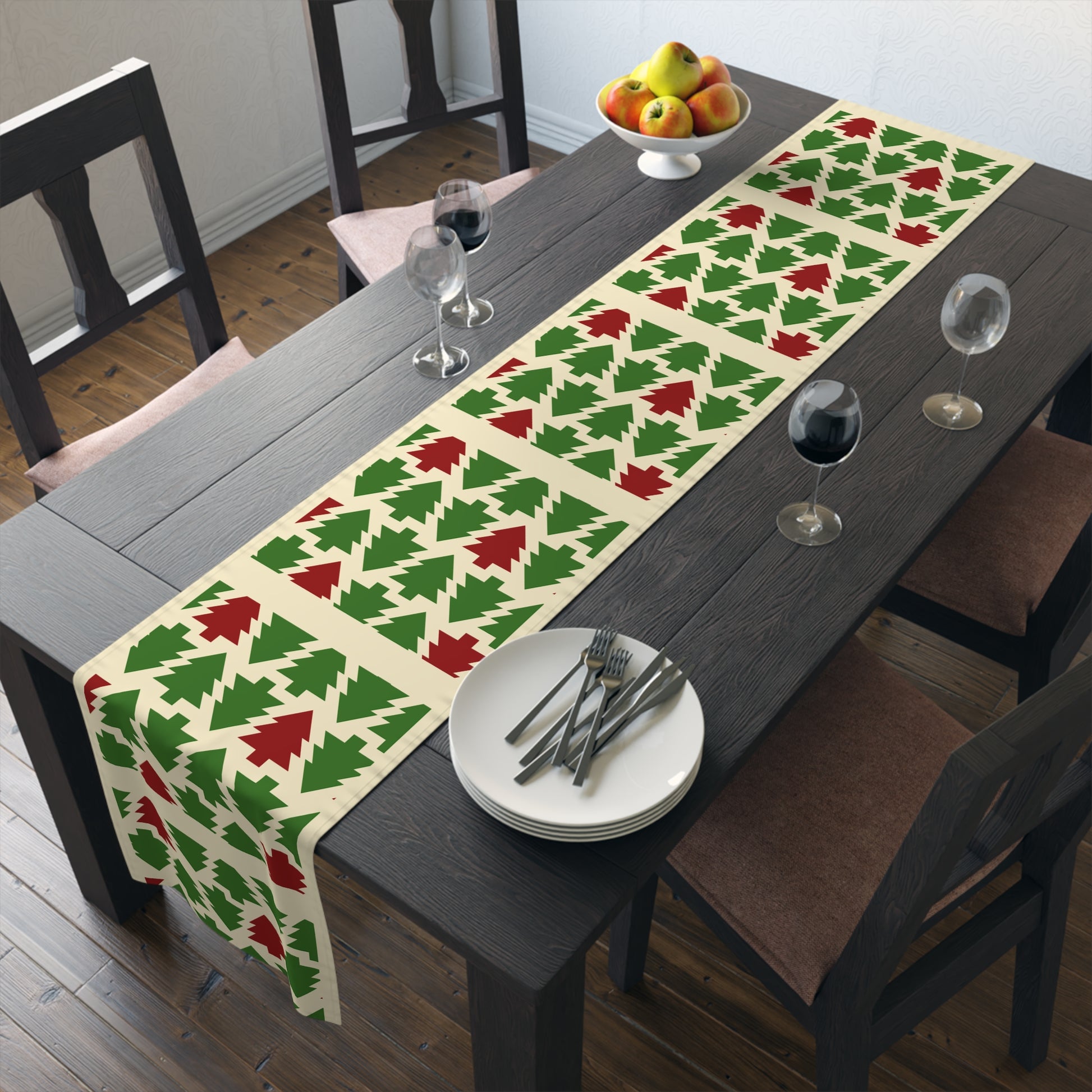 Christmas Trees Red Green Table Runner, Holiday Table Decor, Holiday Dinner Accessories - Cotton, Poly, Festive Table Linens, Christmas Home by Printify