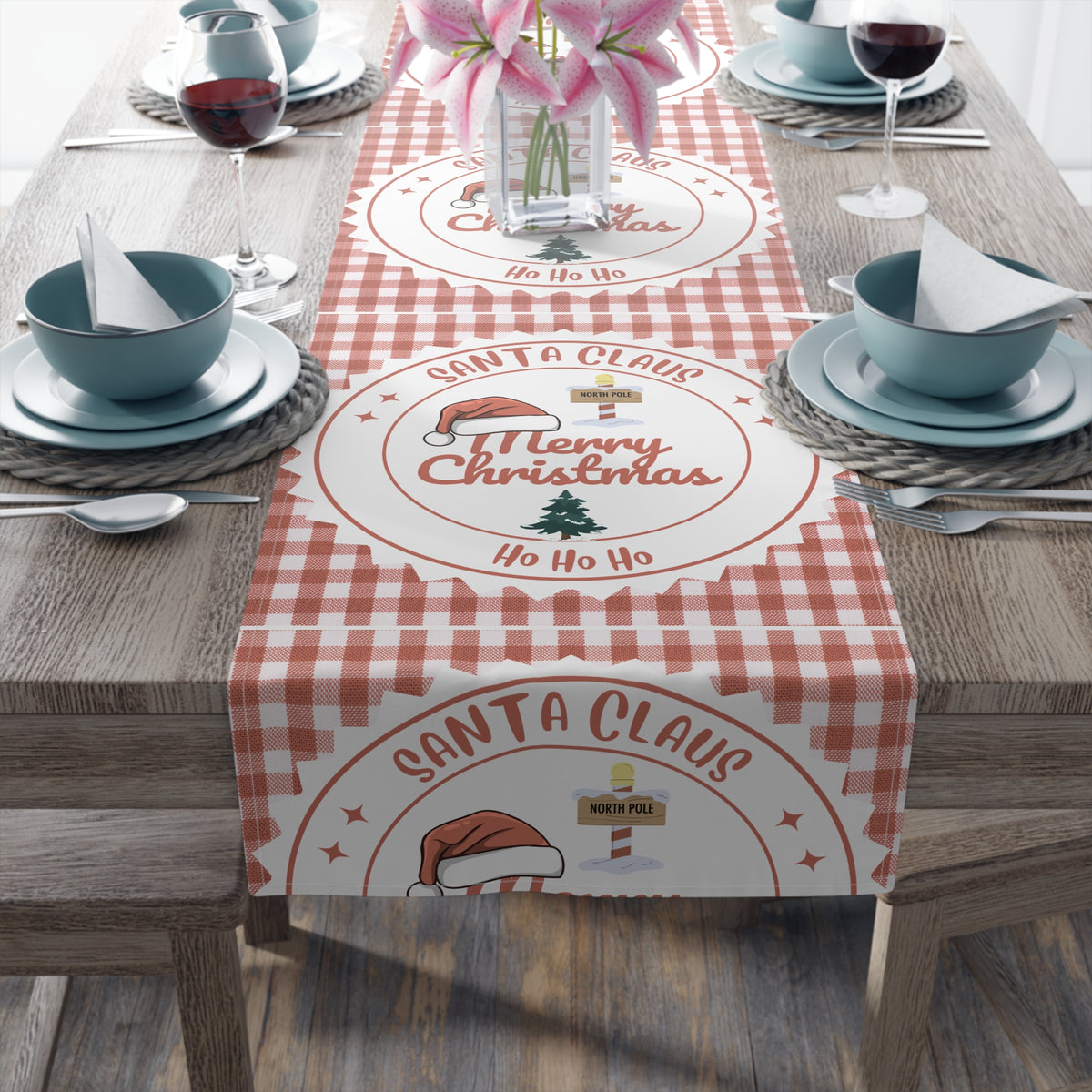 Table Runner, Christmas Decoration Santa Claus Ho Ho Ho, Red White, Cotton Poly, Home Decor, Holiday Table Linen, Festive Dining Accessories by Printify
