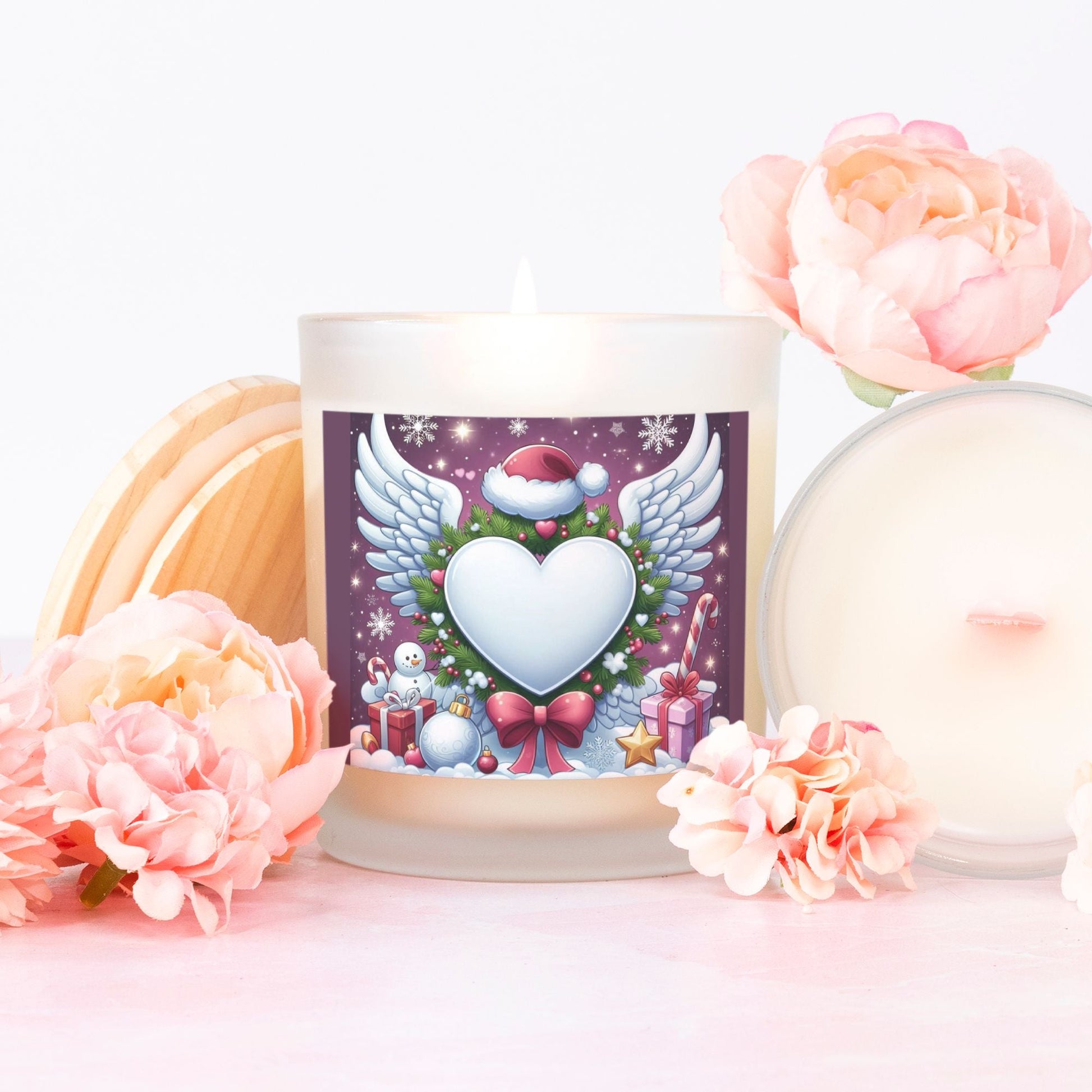 Candle Frosted Christmas decoration Angel Wings and Heart (Pink Wick) Glass by ChristmasLoving.Shop