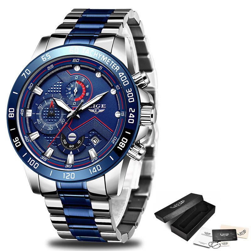 Lige Men's Business Quartz Watch Three Eyes Six Needles Multifunctional Waterproof Watch eprolo