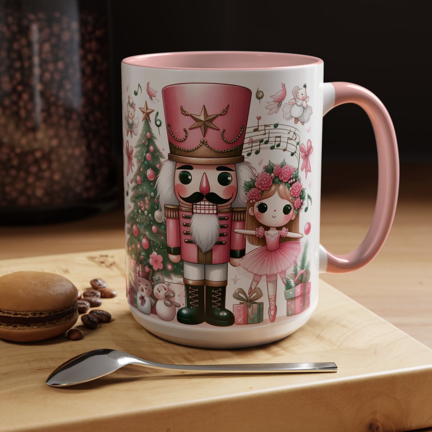 Coffee Mug, Nutcracker Pink Christmas Decoration, Festive Holiday Tea Cup, Unique Ceramic Drinkware, Kitchen Home Decor by Printify