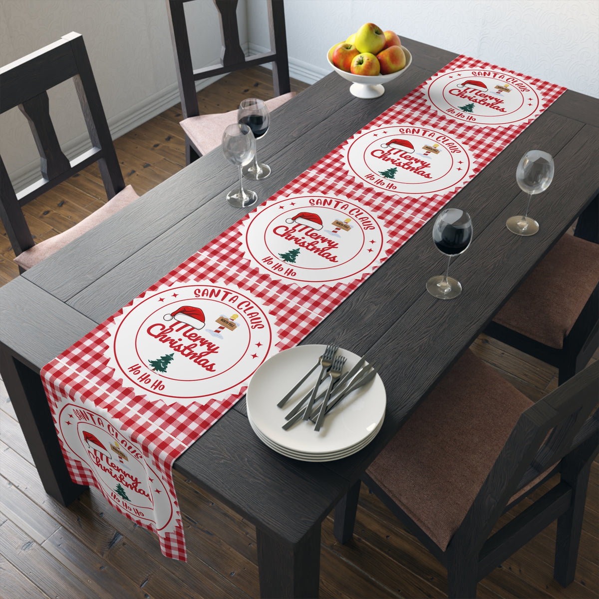 Table Runner, Christmas Decoration Santa Claus Ho Ho Ho, Red White, Cotton Poly, Home Decor, Holiday Table Linen, Festive Dining Accessories by Printify