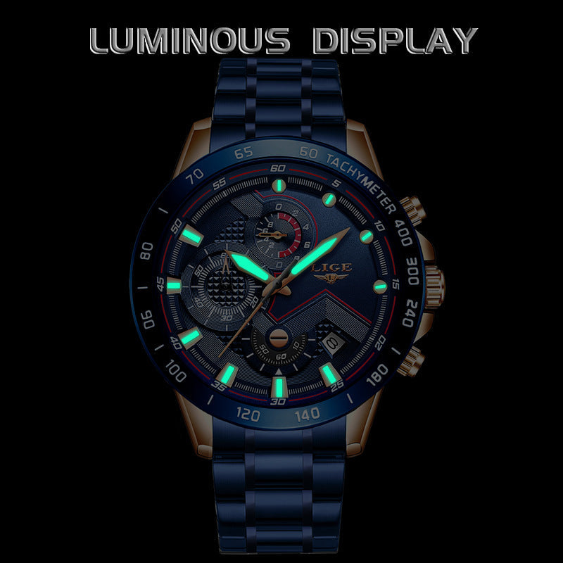 Lige Men's Business Quartz Watch Three Eyes Six Needles Multifunctional Waterproof Watch eprolo