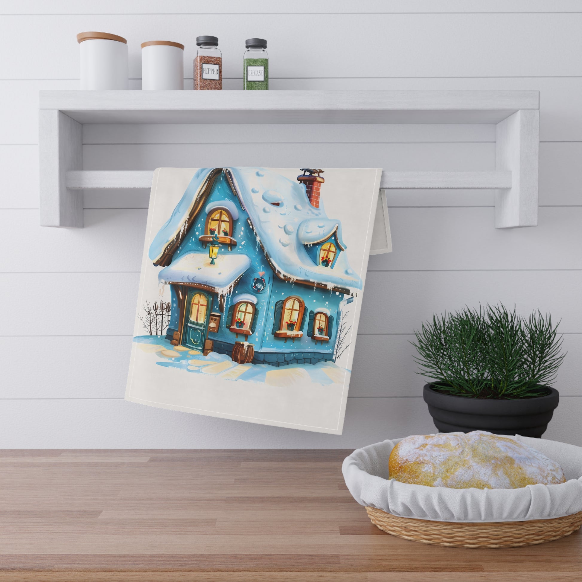 Christmas Blue & White Festive Tea Towel — Holiday Kitchen Decor, Housewarming Gift by Printify