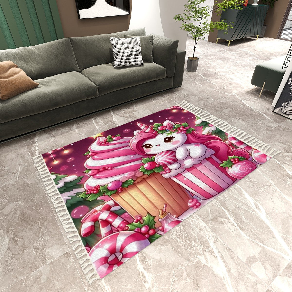 Pink Unicorn Christmas Area Rug with Tassels (8:5) by My Store