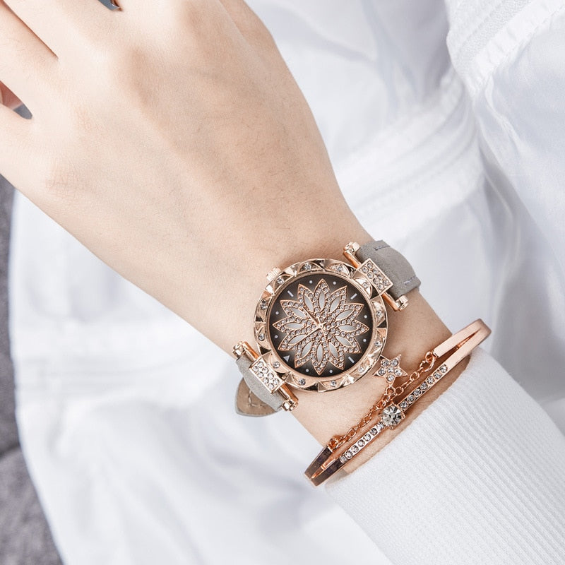 New Fashion Leather Strap Watch Women Quartz Watch Romantic Starry Sky Wrist Watch Bracelet Set for Women Gift Wrist Accessories eprolo