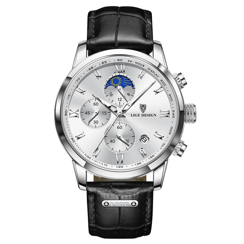 Lige Men's Quartz Watch Multifunction Chronograph Moon Phase Quartz Movement Waterproof Watch eprolo