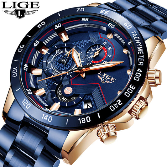 Lige Men's Business Quartz Watch Three Eyes Six Needles Multifunctional Waterproof Watch eprolo
