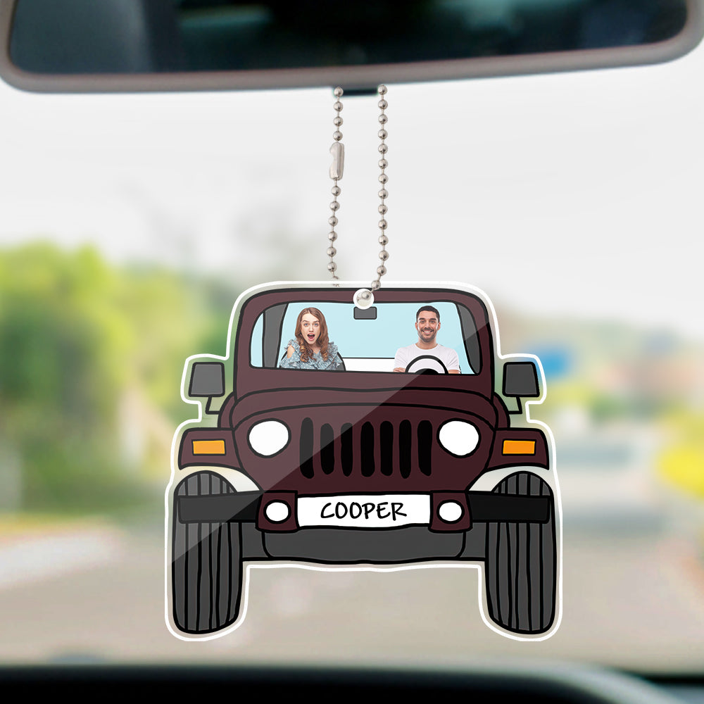 Personalized maroon off-road car hanging ornament with couple photo, double-sided acrylic.