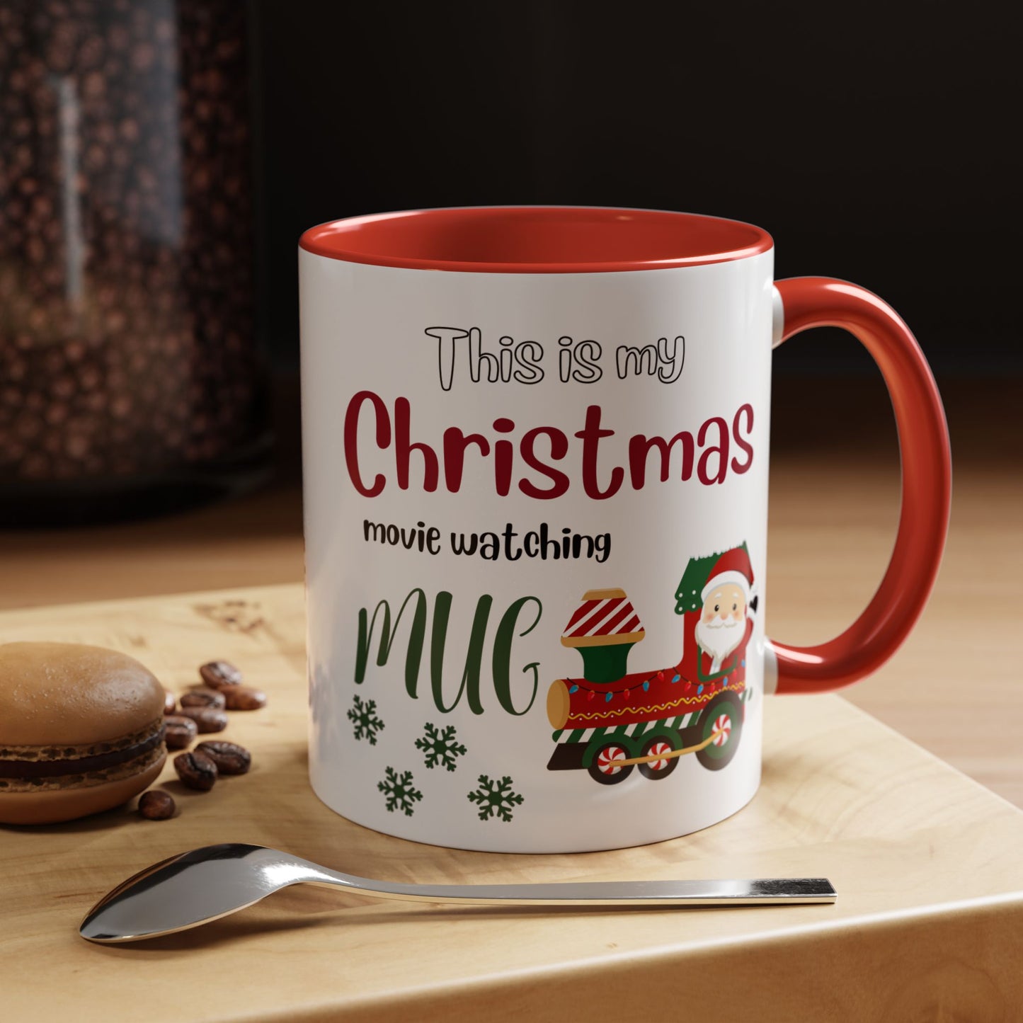 Christmas Movie Watching Accent Coffee Mug (11, 15oz) - Cozy Holiday Mug, Festive Hot Cocoa Cup, Winter Movie Night Gift, Santa Claus Mug, by Printify