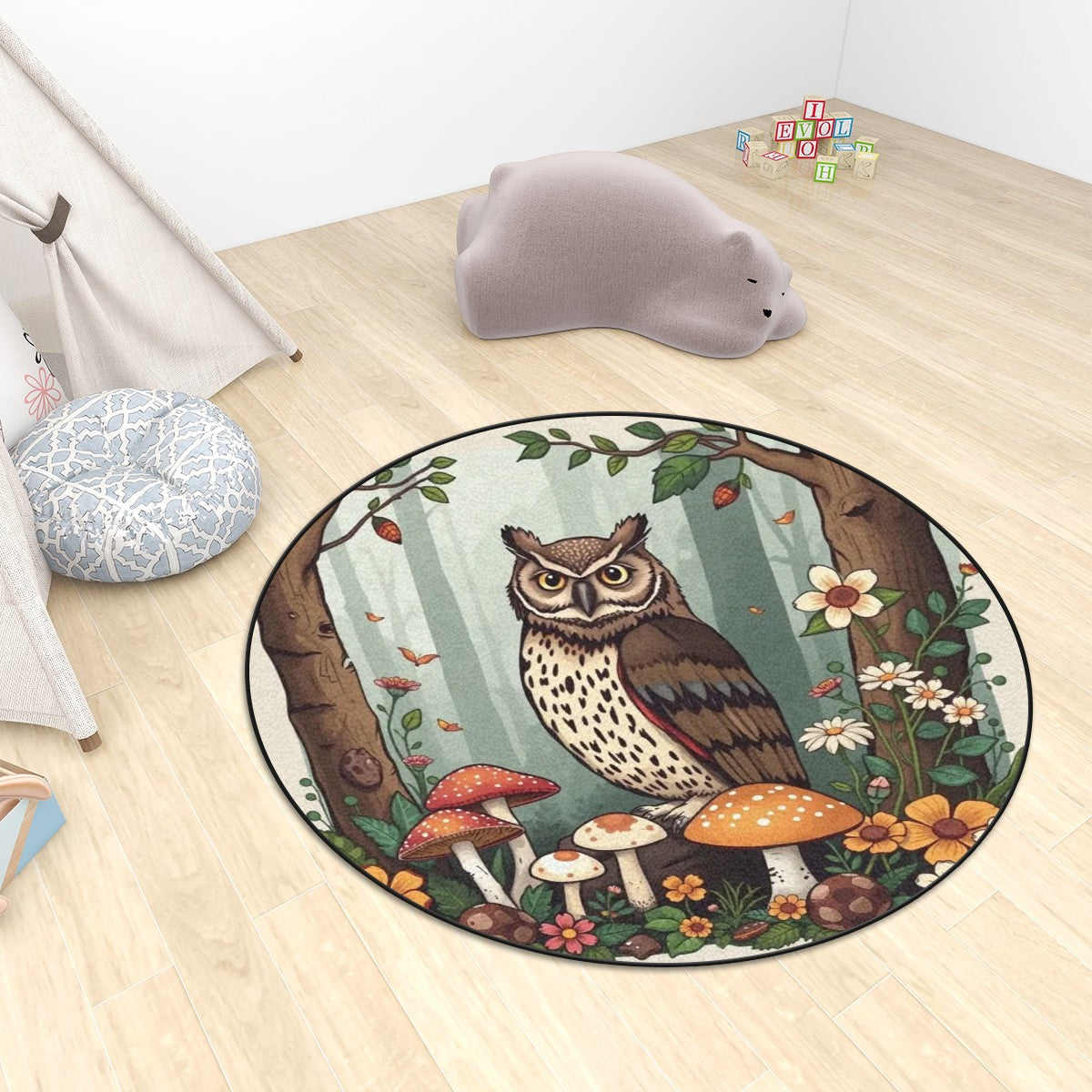 Owl & Forest Plush Round Area Rug – Kids Room Soft Play Mat Nursery Decor JewelryLuxeUS.Shop