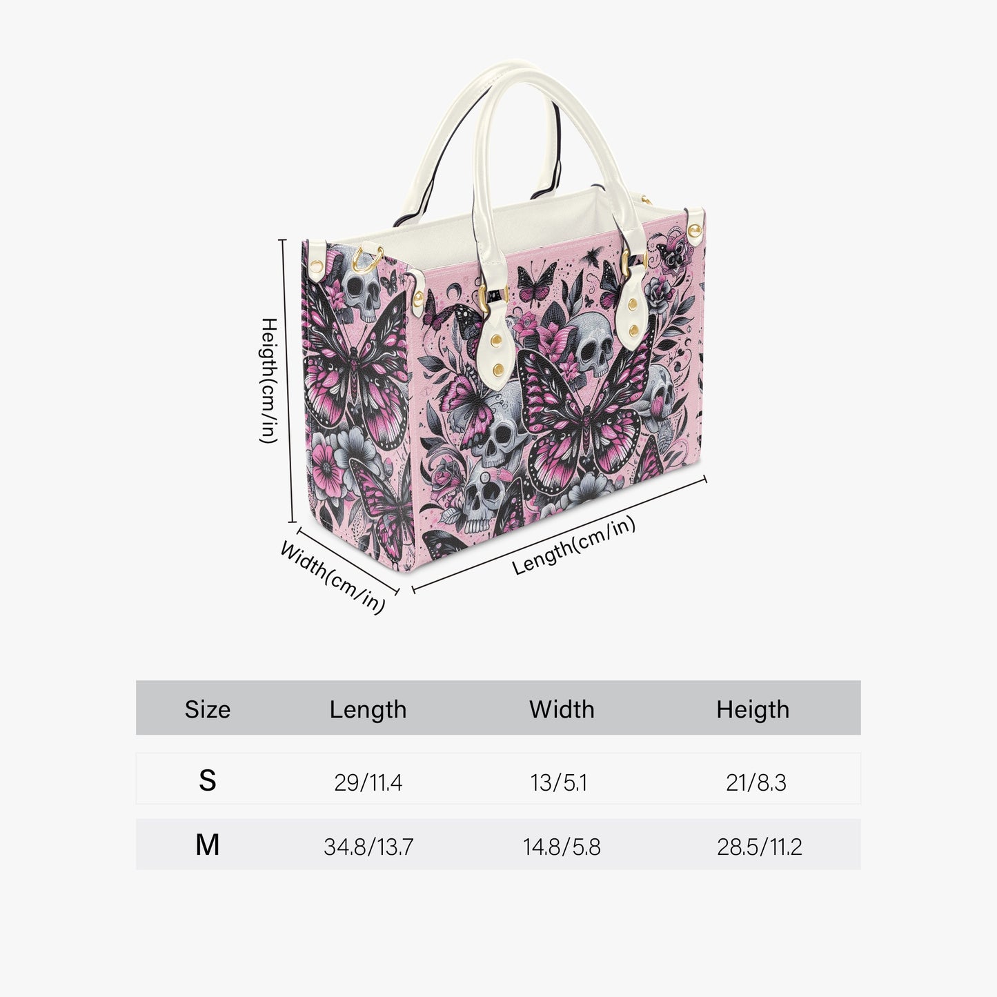 Handbag with butterfly and skull design, shown with measurements on a white background