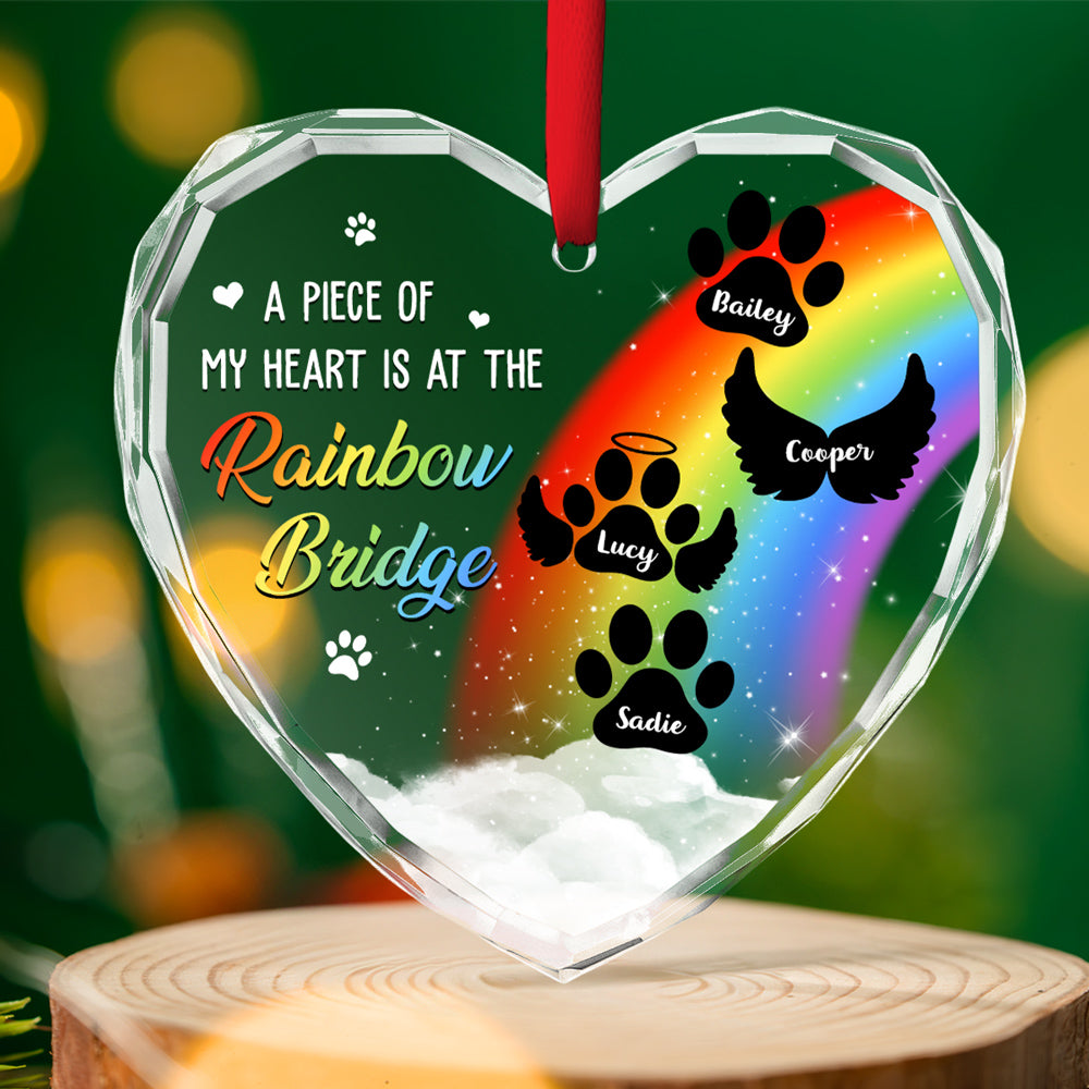 Custom dog mom glass ornament with rainbow bridge and paw prints memorial.