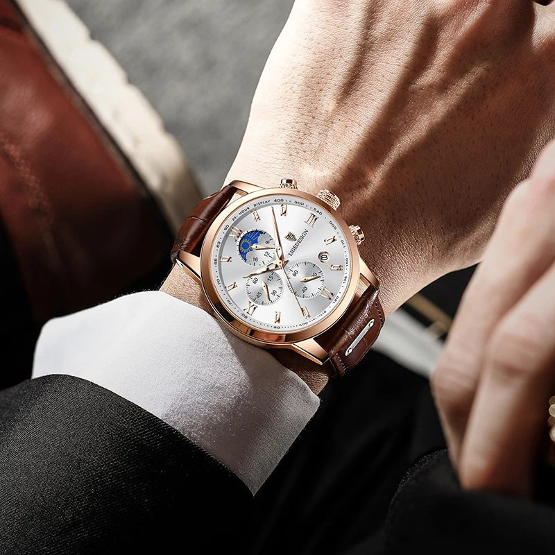 Lige Men's Quartz Watch Multifunction Chronograph Moon Phase Quartz Movement Waterproof Watch eprolo