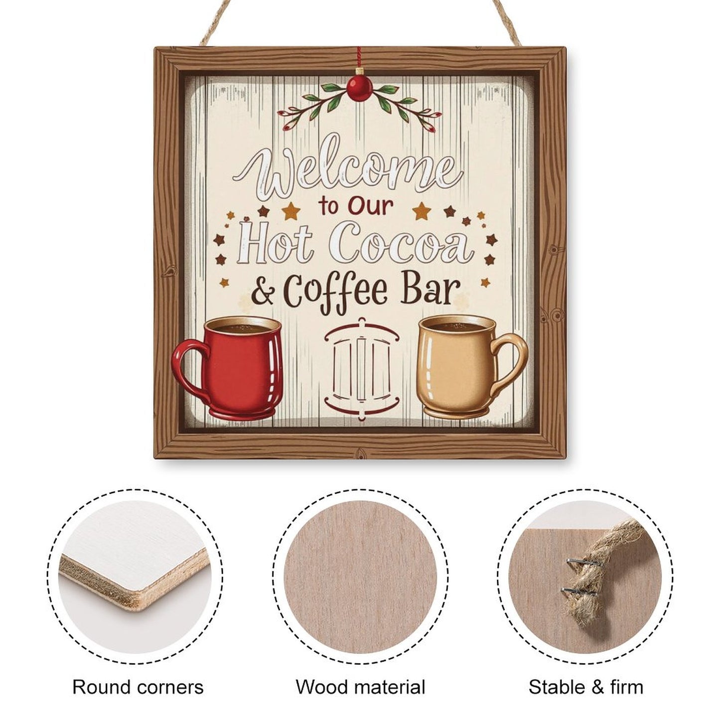 Welcome Coffe Bar Christmas Hot Cocoa Sign Square Wood Wall Decor Hanging Sign-12"x12"/30x30cm by SALE-Personal Design