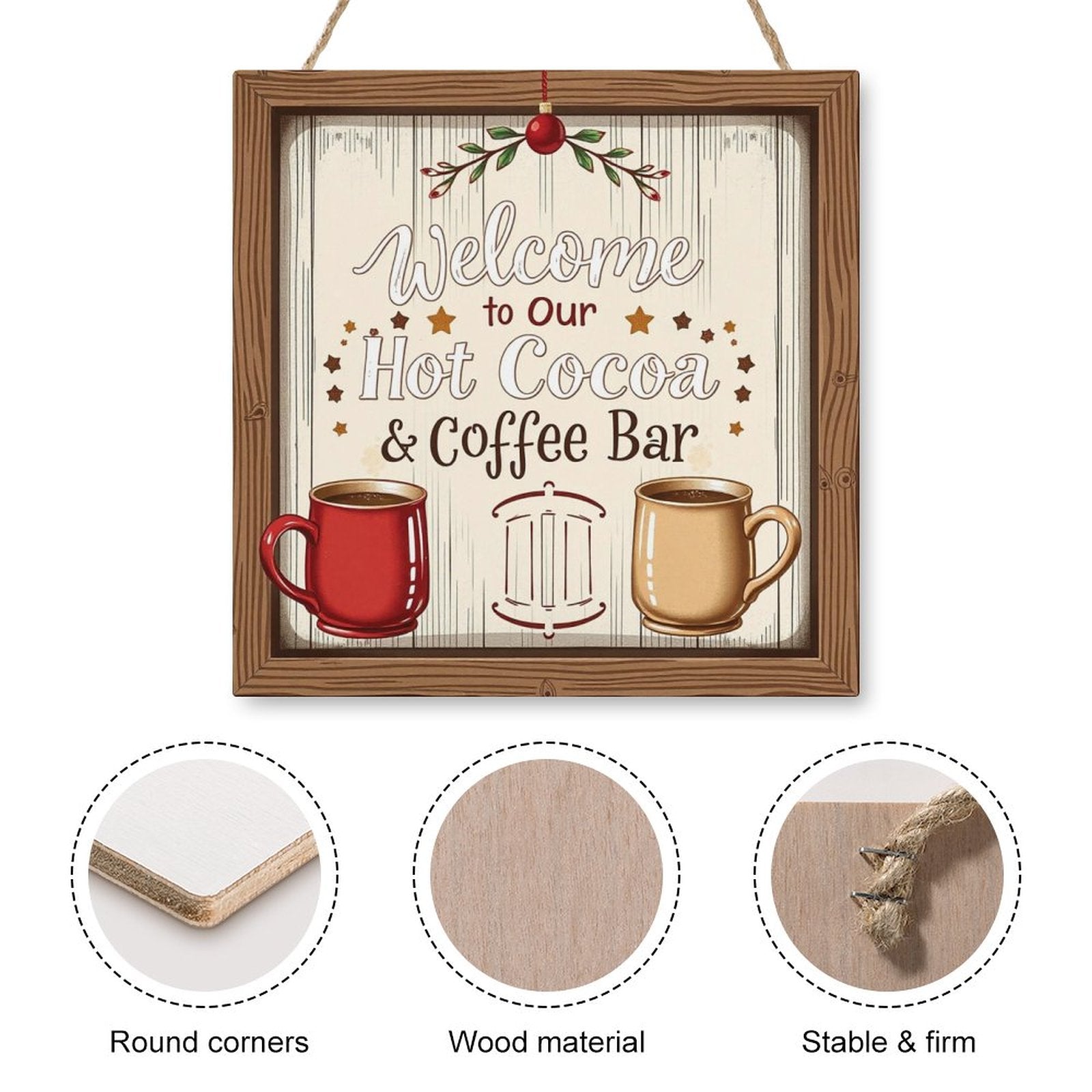 Welcome Coffe Bar Christmas Hot Cocoa Sign Square Wood Wall Decor Hanging Sign-12"x12"/30x30cm by SALE-Personal Design