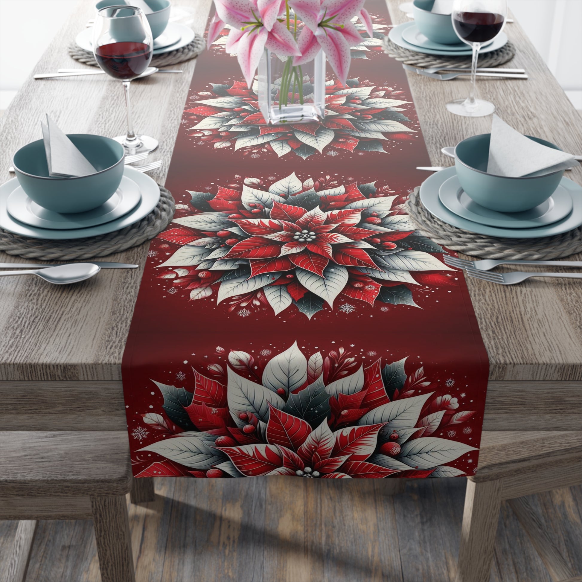 Christmas Table Runner Poinsettia - Cotton, Poly. Holiday Decor, Festive Home Dining, Kitchen Decor, Christmas Party Supplies, Seasonal by Printify