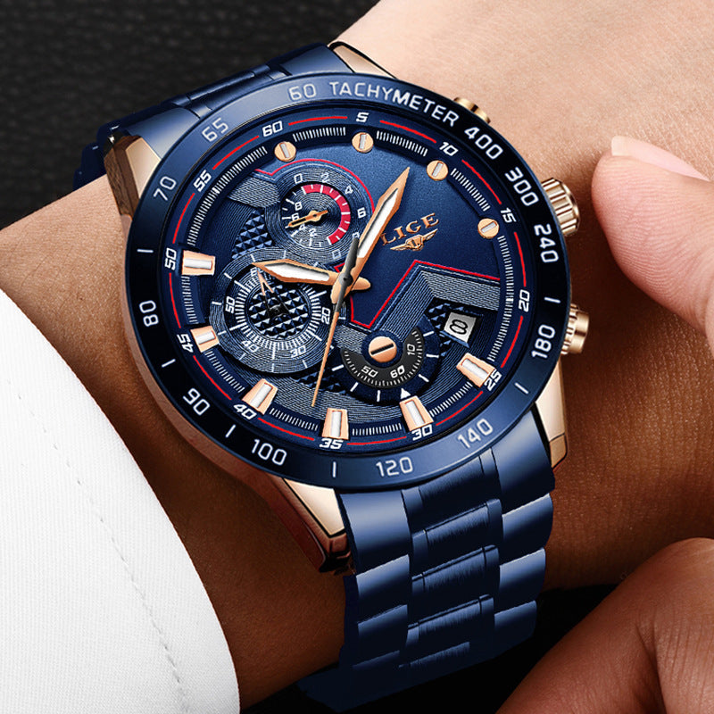 Lige Men's Business Quartz Watch Three Eyes Six Needles Multifunctional Waterproof Watch eprolo