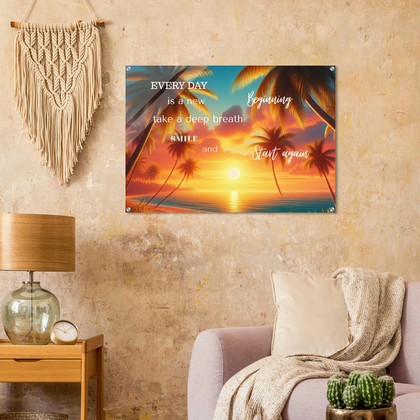 Decorative wall art with motivational quote in a living room setting.