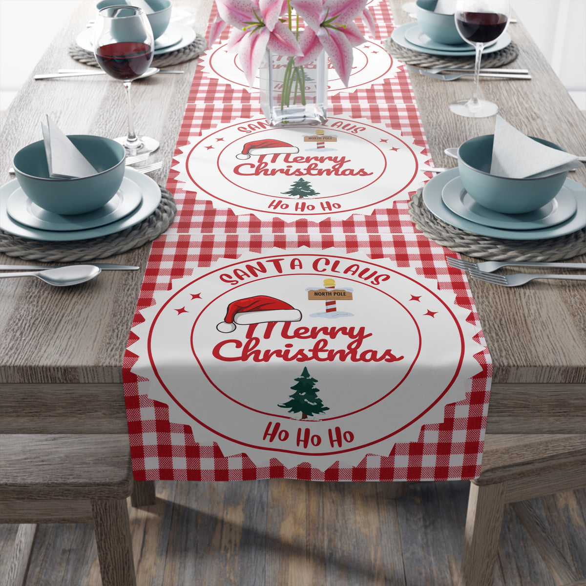 Table Runner, Christmas Decoration Santa Claus Ho Ho Ho, Red White, Cotton Poly, Home Decor, Holiday Table Linen, Festive Dining Accessories by Printify