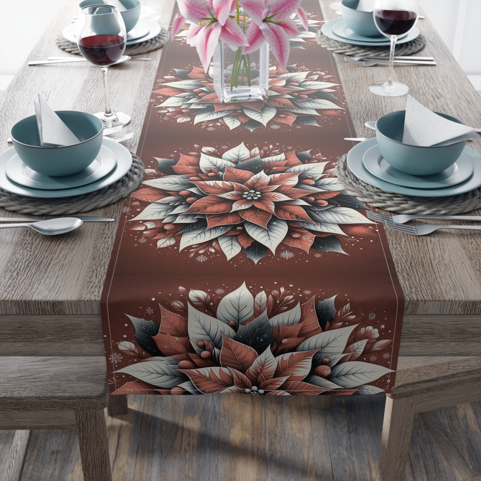 Christmas Table Runner Poinsettia - Cotton, Poly. Holiday Decor, Festive Home Dining, Kitchen Decor, Christmas Party Supplies, Seasonal by Printify