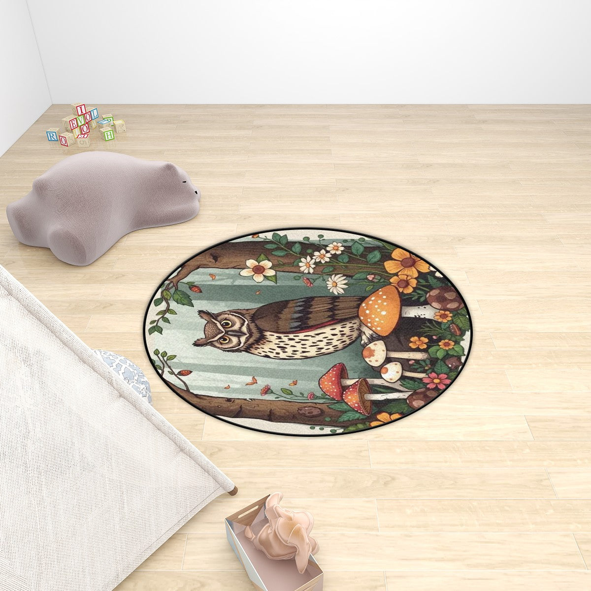 Owl & Forest Plush Round Area Rug – Kids Room Soft Play Mat Nursery Decor JewelryLuxeUS.Shop