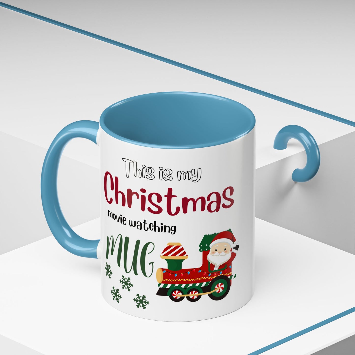 Christmas Movie Watching Accent Coffee Mug (11, 15oz) - Cozy Holiday Mug, Festive Hot Cocoa Cup, Winter Movie Night Gift, Santa Claus Mug, by Printify