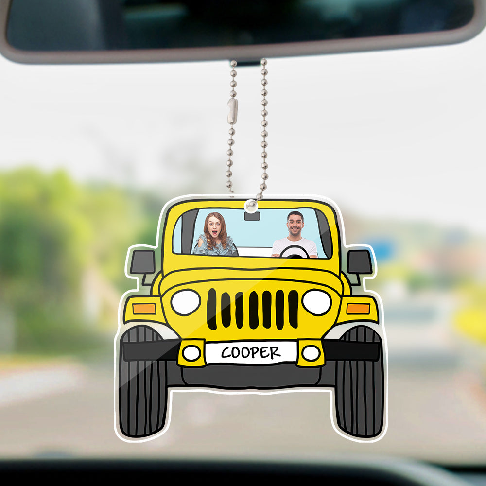 Personalized yellow off-road car photo hanging ornament with custom photo and text, acrylic double-sided car decoration