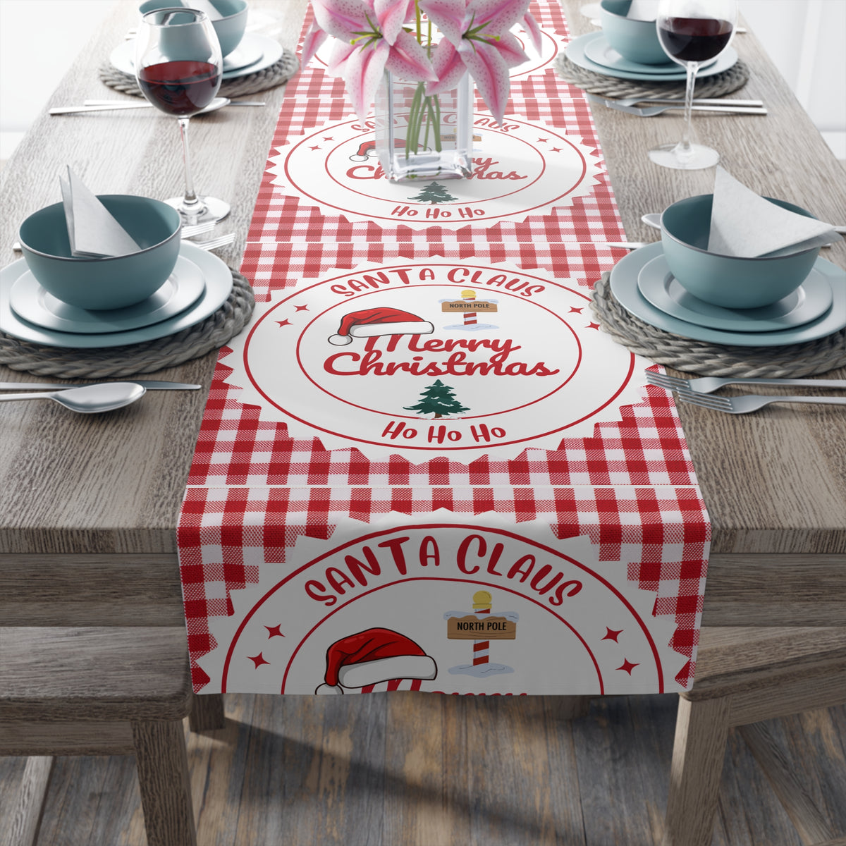 Table Runner, Christmas Decoration Santa Claus Ho Ho Ho, Red White, Cotton Poly, Home Decor, Holiday Table Linen, Festive Dining Accessories by Printify