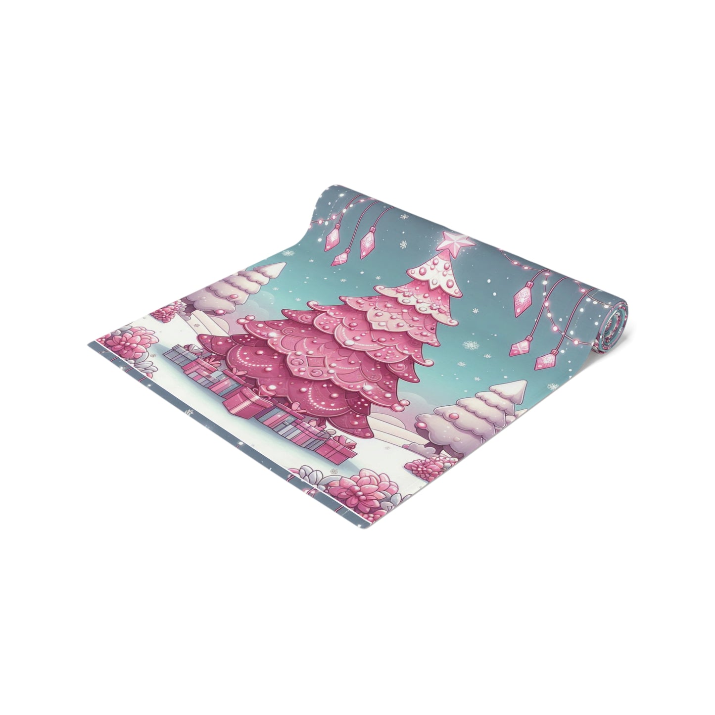 Christmas Table Runner, Holiday Decor, Cotton Table Runner, Festive Dining, Pink Christmas Tree, Hostess Gift by Printify