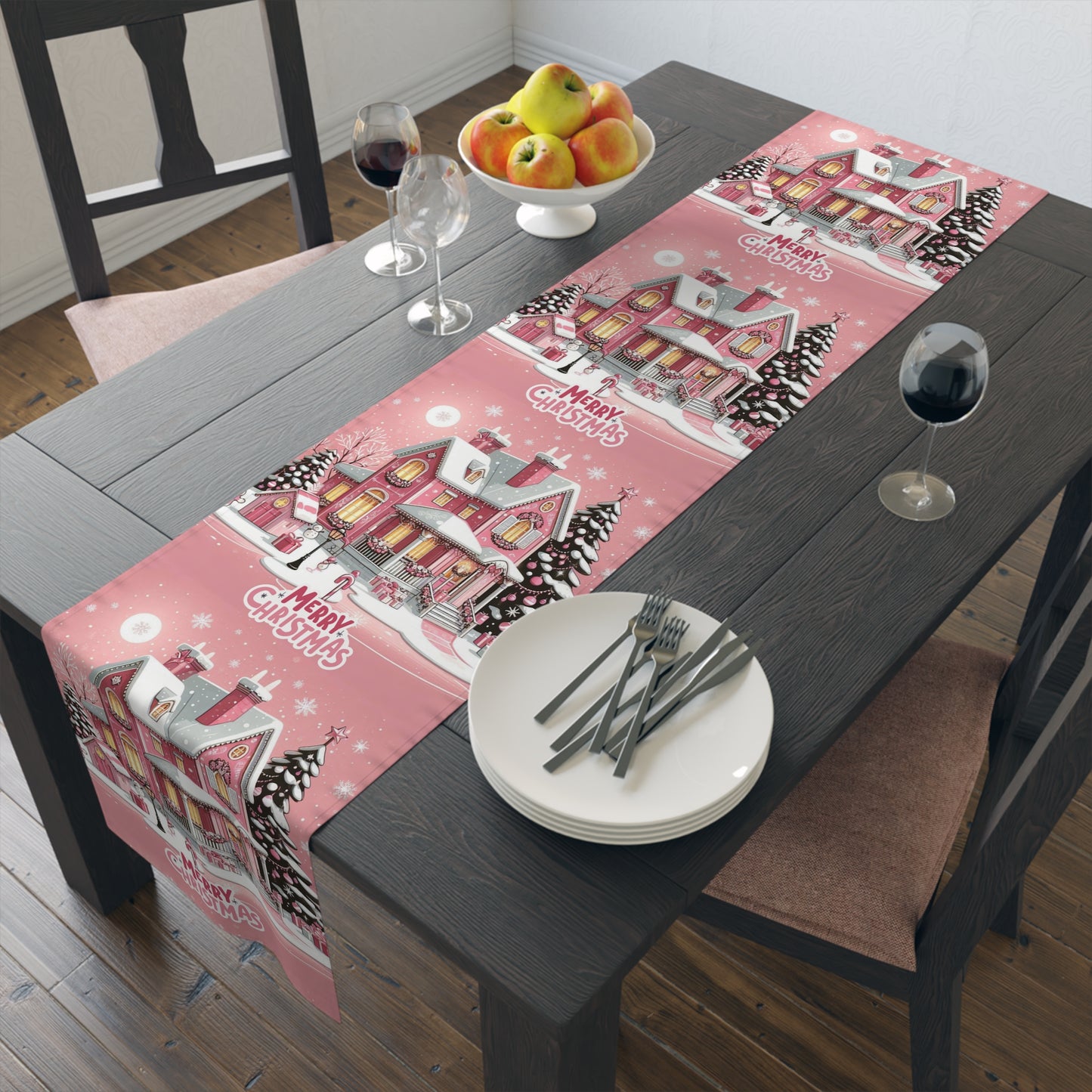 Christmas House Table Runner - Festive Holiday Decor Pink Merry Christmas, Dining Room Kitchen Decor, Home Decoration, by Printify