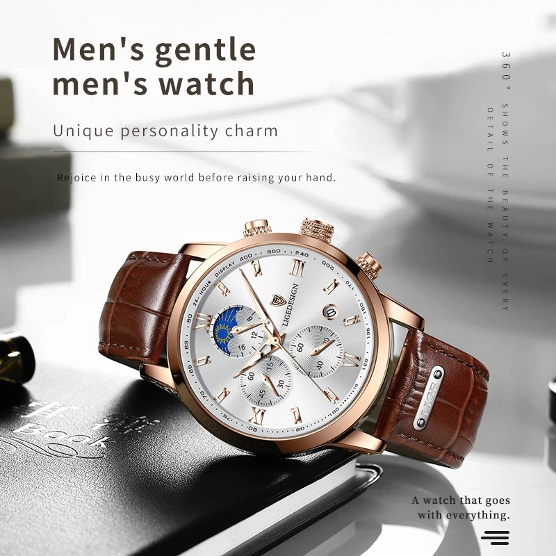 Lige Men's Quartz Watch Multifunction Chronograph Moon Phase Quartz Movement Waterproof Watch eprolo